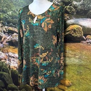 Susan Graver Teal and Gold Floral Blouse